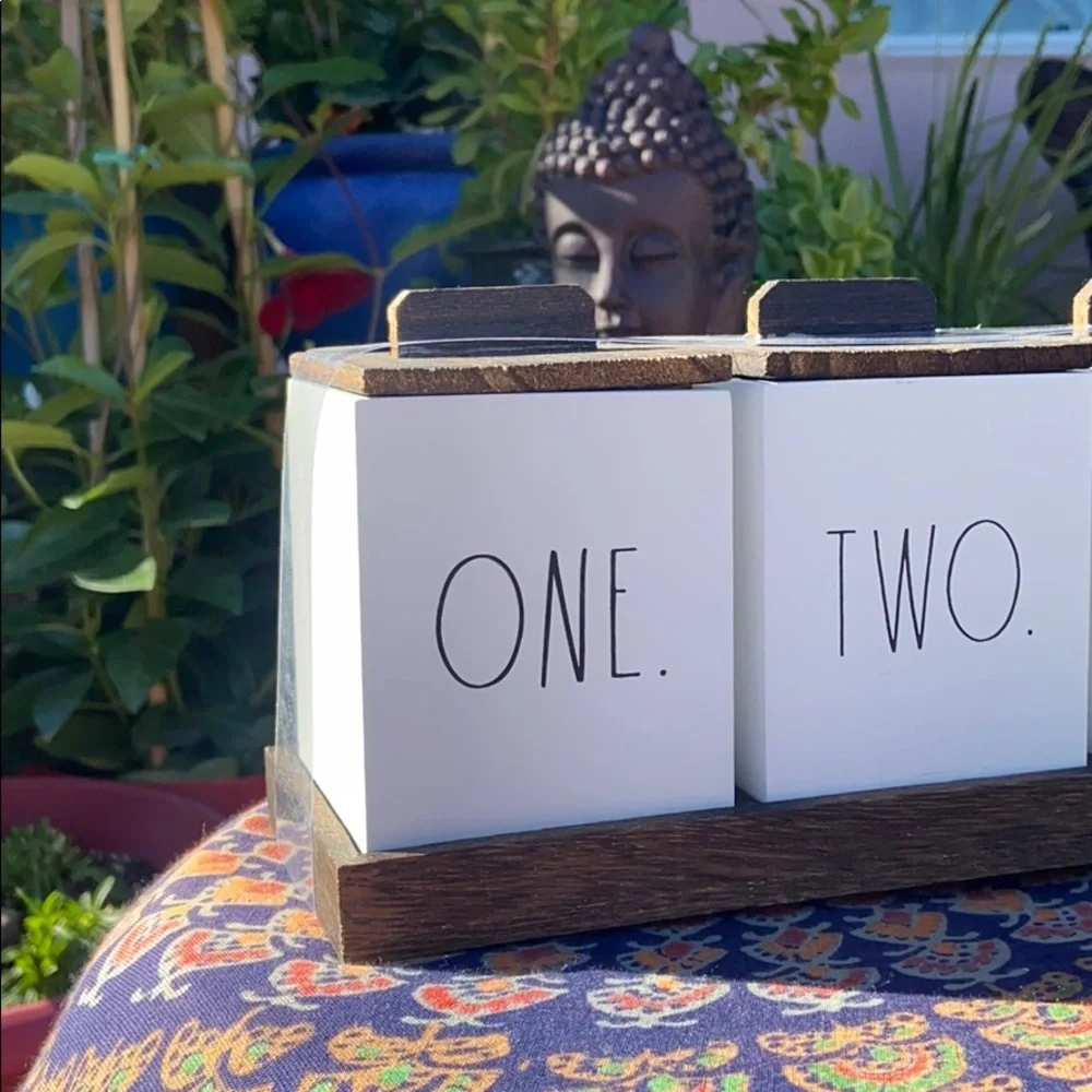NEW Rae Dunn “ONE. TWO. THREE” 3 Piece Wooden Box Canister Set w/ Tray
